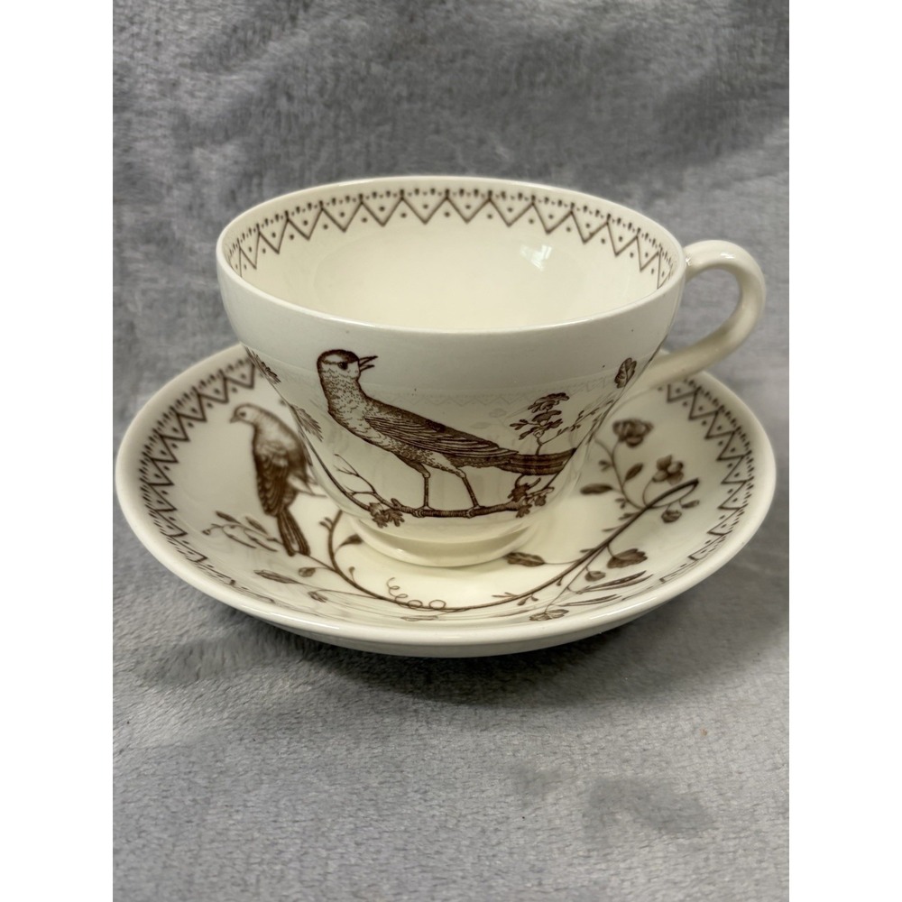 Wedgwood Williamsburg Aviary‎ Teacup Saucer Set Ivory Brown Birds England - Picture 3 of 14